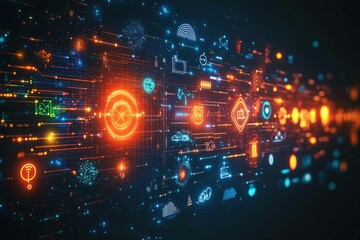 Fototapeta premium Abstract digital interface with glowing orange and blue icons representing data flow and technology in a futuristic network environment