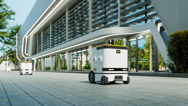 A compact autonomous delivery robot moves smoothly across an indoor environment, showcasing modern robotics in motion. Ideal for illustrating smart logistics, warehouse automation- 3D rendering