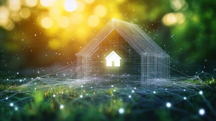 Glowing digital wireframe house on green grass with bright sunlight and bokeh background symbolizing technology and connection