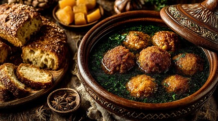 Rustic Hearth: Hearty Meatballs in Dark Greens with Crusty Bread and Spices