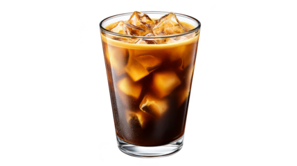 Closeup of refreshing iced coffee, a glass of chilled caffeinated beverage with ice cubes, perfect for summer day
