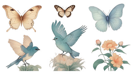 Fototapeta premium A set of bird, flower, and butterfly patterns