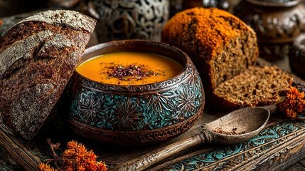 Rustic Still Life: Spiced Soup in a Carved Patina Bowl with Crusty Artisan Bread