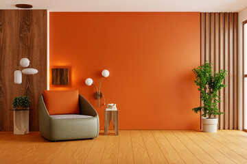Modern cozy reading corner with orange wall and wood elements- 3D rendering