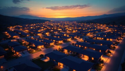 Obraz premium Aerial view of a suburban neighborhood at dusk with numerous houses illuminated by warm exterior lights under a colorful sunset sky surrounded by distant hills