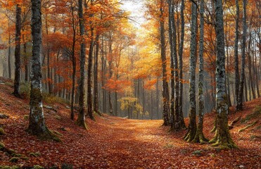 Obraz premium Peaceful autumn forest pathway covered with fallen leaves and tall trees with vibrant orange and yellow foliage under soft sunlight