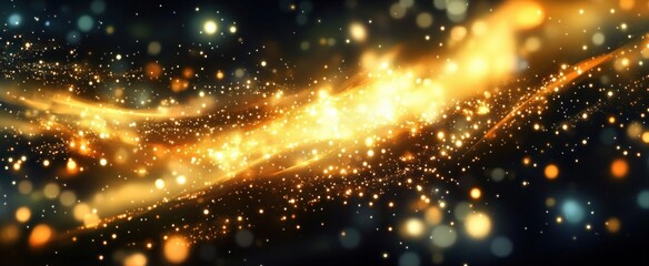 Glowing golden particles and light streaks swirling dynamically against a dark background, creating a festive and magical atmosphere