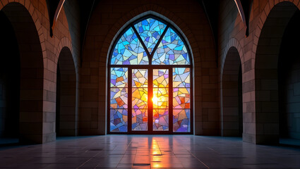 A large Gothic arched window filled with a (modern abstract stained glass mosaic
