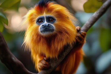 Obraz premium close-up of a golden lion tamarin with bright orange fur and expressive eyes clinging to a tree branch surrounded by blurred foliage
