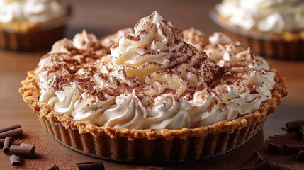 Close-up of a creamy pie topped with swirls of whipped cream and dusted with cocoa powder on a wooden surface, with chocolate curls scattered nearby