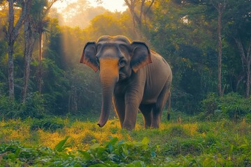 A lone elephant standing peacefully in a sunlit forest clearing with rays of light filtering through tall trees, evoking a serene and majestic atmosphere