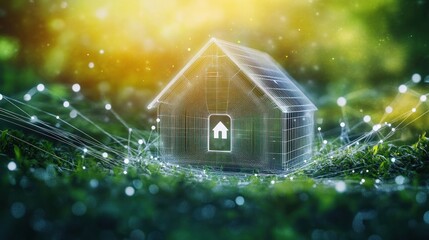Glowing digital wireframe of a house with a home icon in the center, surrounded by a network of connected points over a green natural background, symbolizing smart home or technology integration