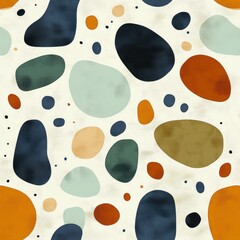 Abstract seamless pattern with irregular organic shapes in muted blue, green, brown, orange, and beige on a light textured background evoking calm and balance