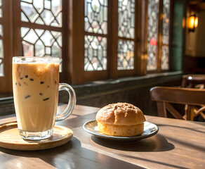 Refreshing Iced Coffee and Hot Bun on a Wooden Table