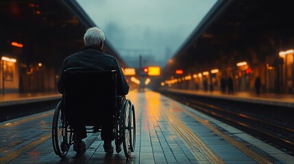 Obraz premium Elderly person in wheelchair alone on empty train station platform at dusk with moody and contemplative atmosphere