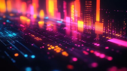 Glowing digital interface with vibrant neon bars and data points creating a futuristic and dynamic technology visualization