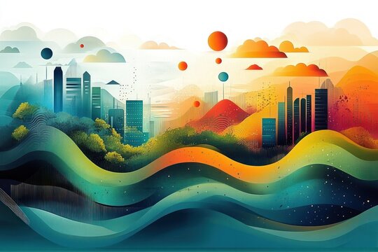Abstract cityscape blending nature and urban buildings with colorful flowing waves and floating spheres under a vibrant sky creating a surreal dreamlike atmosphere - Powered by Adobe