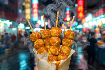 Steaming Hot Asian Fish Balls with Curry Sauce from Street Vendor