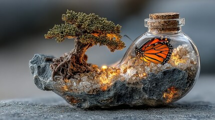 Miniature Bonsai Tree, Butterfly in Glass, Illuminated Crystals, Artistic Composition.