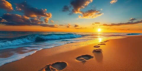 Footprints on a golden sandy beach beside gentle ocean waves during a vibrant sunset with scattered clouds and bright warm sky
