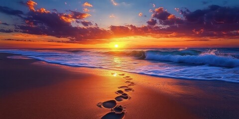 Footprints in wet sand along a vibrant beach shoreline at sunset with colorful sky and waves crashing gently