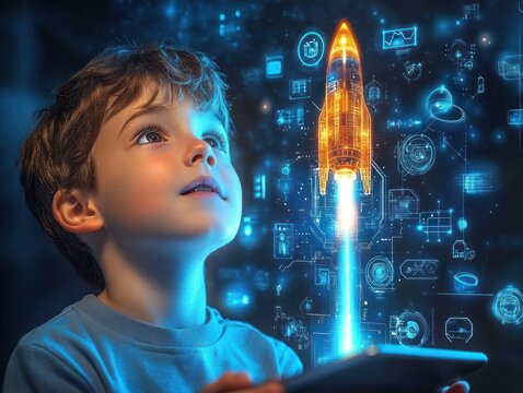 Young boy looking in awe at a glowing futuristic rocket hologram projected from a tablet surrounded by floating digital icons and technology symbols
