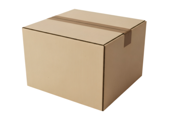 Cardboard box with brown tape.