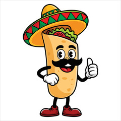 Vector mascot cartoon illustration of burrito giving thumb up wearing sombrero perfect for food themed branding, cultural designs, and playful mascot projects.