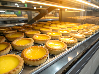 Delicious Golden Chinese Egg Tarts on a Bakery Tray