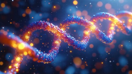 Close-up view of a glowing and detailed double helix DNA strand surrounded by particles in a dark blue environment conveying a sense of scientific discovery and complexity