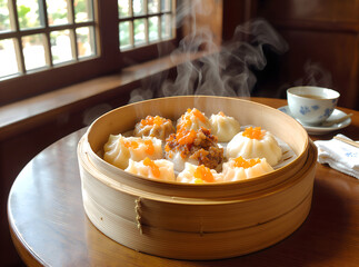 Steaming Delicious Chinese Dim Sum Dumplings with Tea