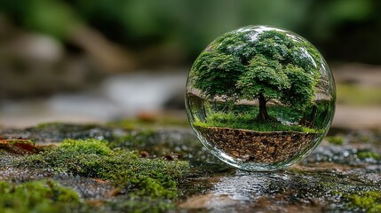 Miniature Tree Ecosystem Captured in a Crystal Sphere on Wet Moss