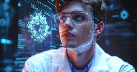 Focused scientist wearing glasses analyzing digital 3D model of virus on transparent screen in futuristic laboratory environment