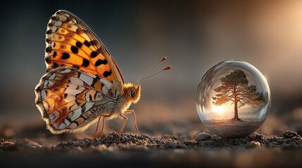 Surreal Macro: A Butterfly Gazes at a Sunset Tree in a Glass Sphere