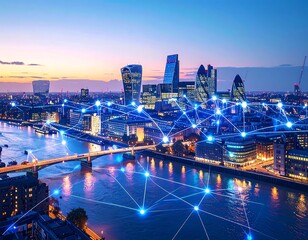 London cityscape at twilight, connected by digital network