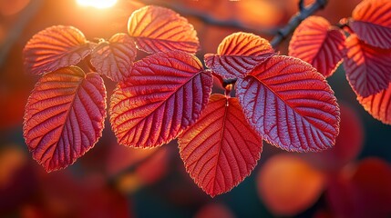 Fototapeta premium Vibrant Red Autumn Leaves Translucent in Golden Sunlight, Revealing Intricate Veins and Textured Surface