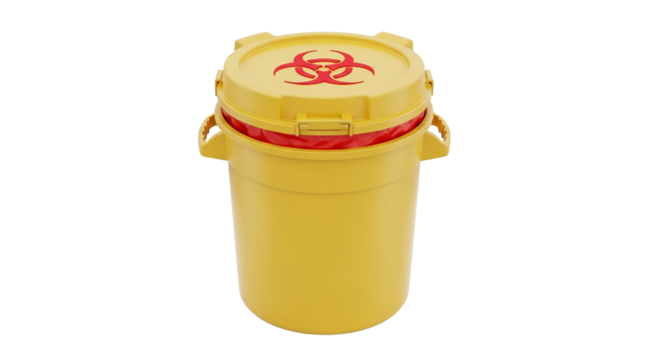 Yellow Biohazard Container with Red Symbol Against Transparent Background for Safety and Health Awareness