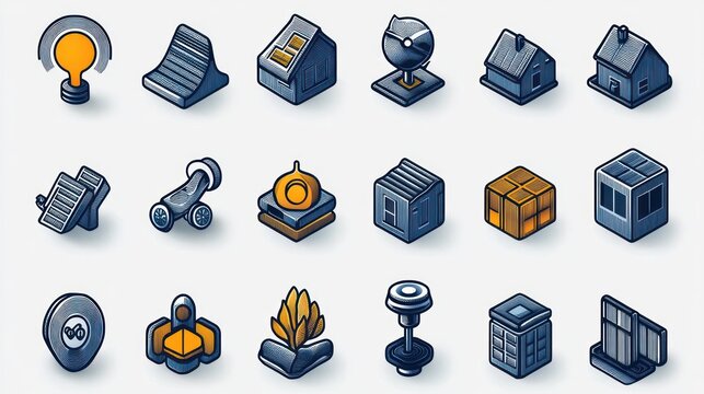 Isometric set of various stylized urban and industrial icons including buildings, technology devices, light bulbs, plants, and machinery representing a futuristic and innovative atmosphere