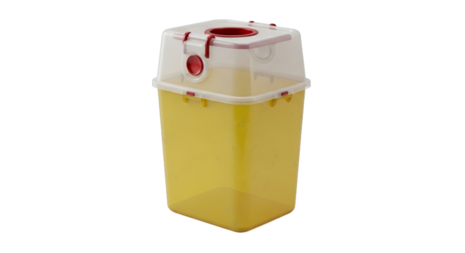 Yellow Disposal Container with Transparent Lid and Red Accents on White Background Medical Waste Management Rendering