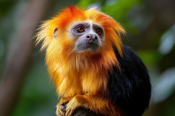 Fototapeta premium Bright orange and black small primate with expressive eyes sitting calmly against blurred green foliage background