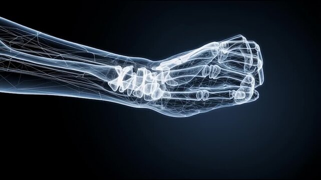 X-ray depiction of a human hand, showcasing skeletal structure.