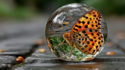 Encapsulated Beauty: A Painted Lady Butterfly within a Crystal Orb, Resting on Dark Stones