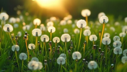 Field of glowing dandelion seed heads at sunset with lush green grass and warm golden light creating a peaceful and calm atmosphere