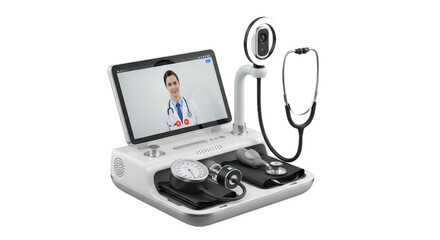 Advanced Telemedicine Diagnosis System Featuring Stethoscope and Digital Display with Doctor on White Unit Isolated on Transparent Background