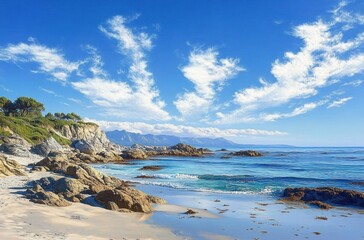 Sunny coastal landscape with rocky shore, clear blue sea, white sandy beach, scattered rocks in water, green cliffs under a bright blue sky with wispy clouds