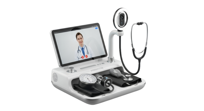 Advanced Telemedicine Diagnosis System Featuring Stethoscope and Digital Display with Doctor on White Unit Isolated on Transparent Background - Powered by Adobe