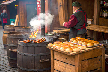 Sizzling Sausages and Hot Buns at a Traditional German Market