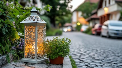 Cobblestone Street, Lantern Light, Flowers
