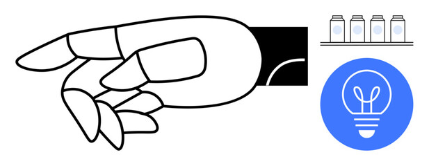 Robotic hand in grasping position near light bulb signifying innovation, with jars on shelf. Ideal for technology, automation, innovation, AI, robotics, creativity, and simple landing page