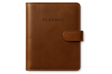 Closed brown leather planner with embossed title and strap closure, isolated on transparent background, perfect for business and organization concepts